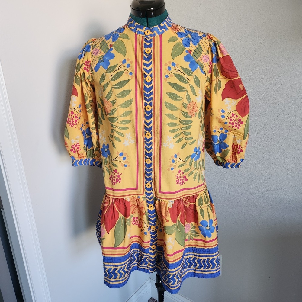 Farm Rio Low Waisted Minidress Sz Small Botanical Bold Print on Yellow Boho